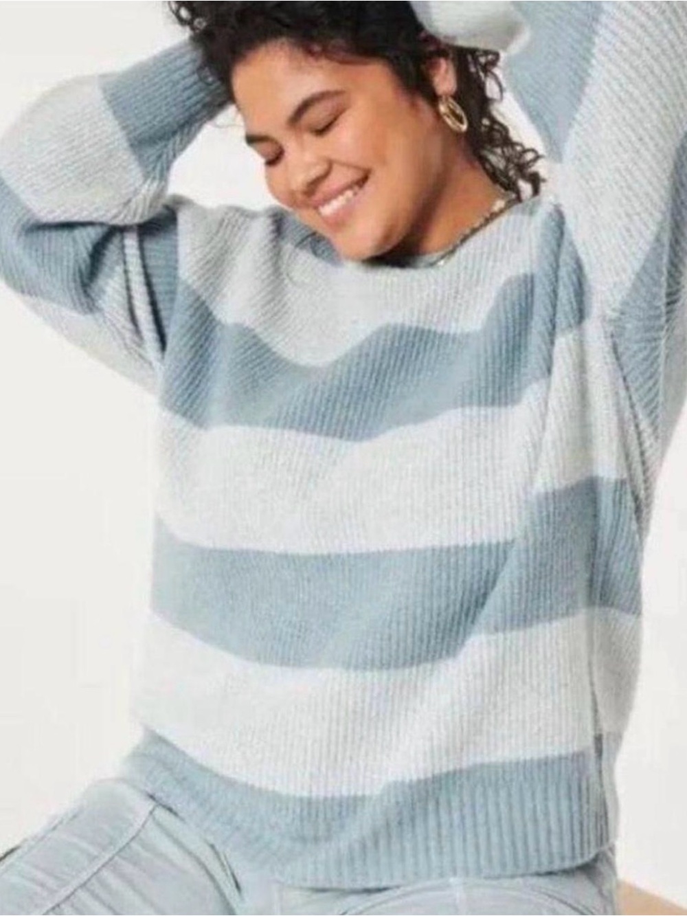Hollister Womens XL Sweater Oversized Loose Fit Blue Striped  Sweater Top